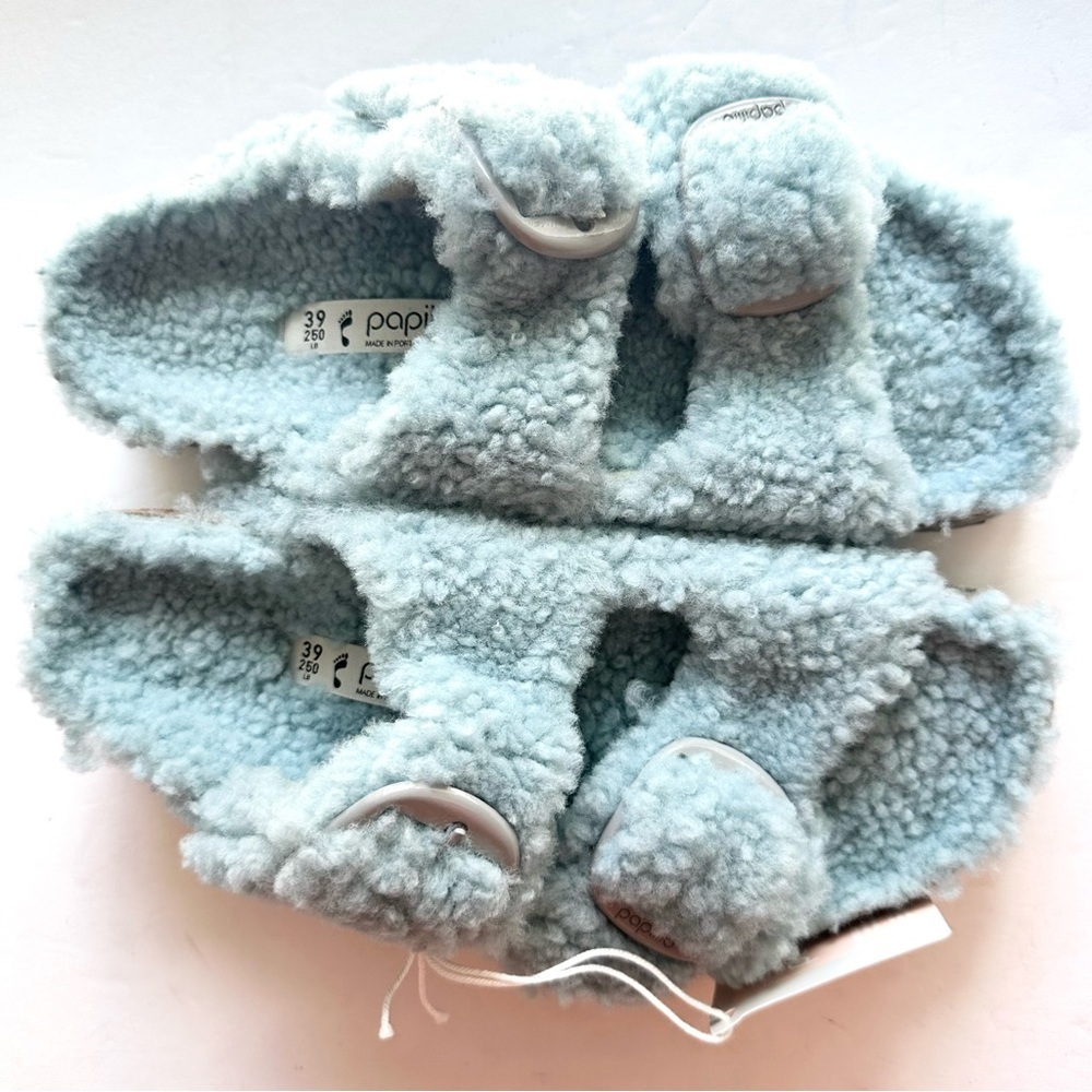 NWT Birkenstock Papillio Arizona Big Buckle Shearling fuzzy sandal blue 39/8 - Picture 15 of 16